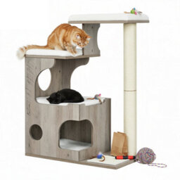 LEDREM Modern Cat Tree, 86 Cm With Cat Cave, 3 Perches, Scratching Post And Mat, Removable Washable Plush Cushions, Greige And White - thumbnail 3
