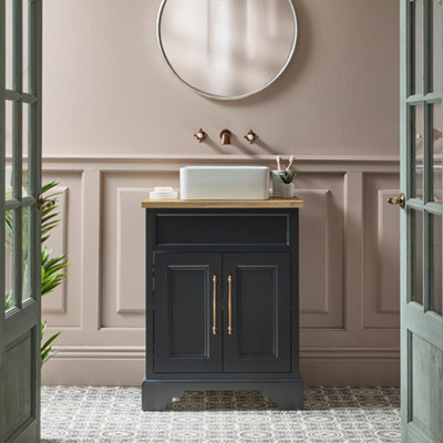 Homestylestore Black Grey And Oak 645mm Bathroom Vanity Unit With Square Countertop Basin And Brushed Copper T Bar Handles - image 1
