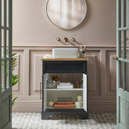 Homestylestore Black Grey And Oak 645mm Bathroom Vanity Unit With Square Countertop Basin And Brushed Copper T Bar Handles - thumbnail 3