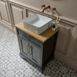 Homestylestore Black Grey And Oak 645mm Bathroom Vanity Unit With Square Countertop Basin And Brushed Copper T Bar Handles - thumbnail 2