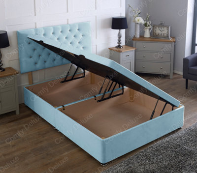 Comfy Deluxe 2Ft6 Side Lift Sky Blue Plush Velvet Ottoman Divan Base With Chesterfield Headboard