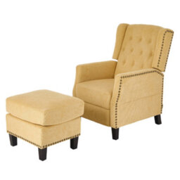 Living And Home Yellow Fabric Upholstered Sofa Pushback Reclining Chair Armchair With Footstool