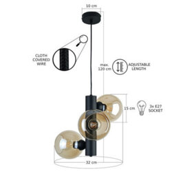 Luminosa Lighting Luminosa Tube Globe Pendant Ceiling Light Black Amber Glass Shade 3X E27 - thumbnail 3