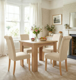 Hallowood Furniture Newquay Oak Flip Top Extending Table With 4 Upholstered Roll Top Dining Chairs In Cream Fabric
