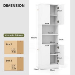 Kitchen Pantry Cabinet 190Cm Tall Freestanding Cupboard W/doors White - thumbnail 2
