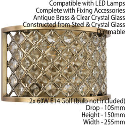 Crystal Cage Wall Light Brass & Glass Shade Modern Twin Bulb Lounge Lamp Fitting - thumbnail 2
