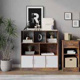 Urbn-Living Urbnliving Asymmetrical 8 Cube Rustic Brown Bookcase Freestanding Storage Unit With 3 Gloss Doors - White - thumbnail 4