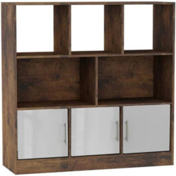 Urbn-Living Urbnliving Asymmetrical 8 Cube Rustic Brown Bookcase Freestanding Storage Unit With 3 Gloss Doors - White - thumbnail 1