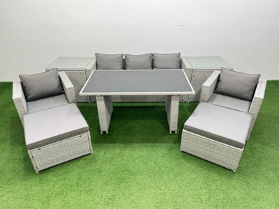 Fimous Patio Garden Furniture Sets With Black Glass Top Dining Table Armchair 3 Seater Sofa 2 Side Tables 2 Big Stool Light Grey - image 1
