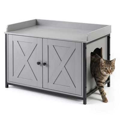 Cat Hidden Litter Box Enclosure With 2 Barn Doors Metal Legs Side Entrance - image 1
