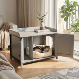 Cat Hidden Litter Box Enclosure With 2 Barn Doors Metal Legs Side Entrance - thumbnail 3