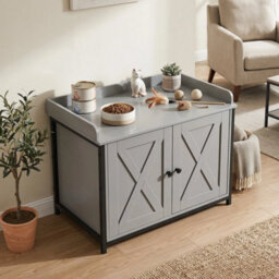 Cat Hidden Litter Box Enclosure With 2 Barn Doors Metal Legs Side Entrance - thumbnail 4