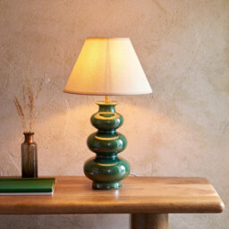 Luminosa Lighting Luminosa Monroe Gloss Green Glaze Table Lamp With Vintage White Fabric Ivy Shade 30Cm B22 - thumbnail 2