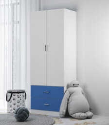 Urbn-Living Urbnliving Height 180Cm Orlando White Wooden 2 Door Blue 2 Drawer Compact Kids Wardrobe Bedroom Storage Hanging Bar