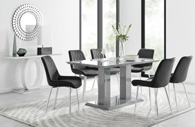 Furniturebox Imperia Grey High Gloss 6 Seater Dining Table With Structural 2 Plinth Column Legs 6 Black Velvet Silver Leg Pesaro Chairs - image 1