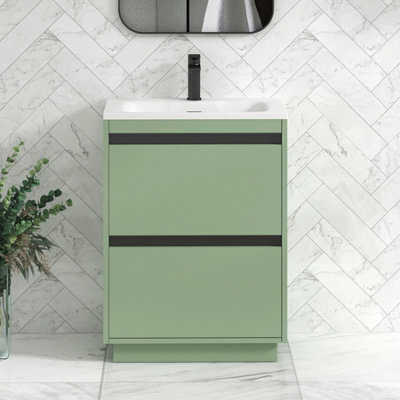 Royal Bathrooms Orion 600mm Mint Sage 2 Drawer Floor Standing Vanity Unit With Stone Basin & Black Strip - image 1