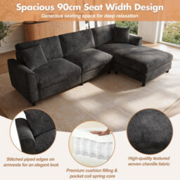 Btm L-Shaped 3-Seater Sectional Sofa With Reversible Chaise, 90Cm Wide Chaise, Chenille Fabric, Modular Corner Sofa, Grey - thumbnail 9