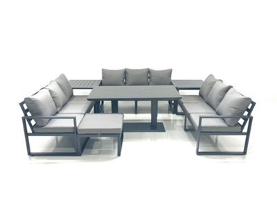 Fimous 10 Seater Garden Sofa Set Aluminium Furniture Rising Dining Tabe Set With 2 Side Tables Big Footstool Dark Grey - image 1