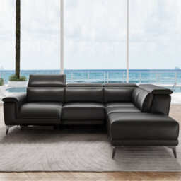 Valencia Pista Modern Top Grain Leather Reclining Sectional Right Hand Facing Chaise Sofa Grey Stainless Steel Legs - thumbnail 4