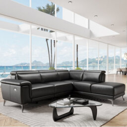 Valencia Pista Modern Top Grain Leather Reclining Sectional Right Hand Facing Chaise Sofa Grey Stainless Steel Legs - thumbnail 2