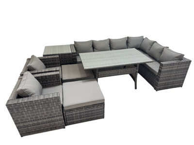 Fimous Rattan Garden Furniture Set Outdoor 10 Seater Patio Corner Sofa Sets With Table 2 Chairs 2 Big Stools Side Table Dark Grey - image 1