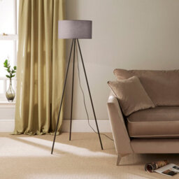K Living Modern Black Metal Tripod Floor Lamp With Cotton Fabric Lampshade In Grey - thumbnail 1