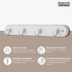 Keypak 4-Hook Wall-Mounted Key Tidy, Key Holder For Entryway Hallway Living Room, White Hooks On White Board - Fixings Included - thumbnail 2