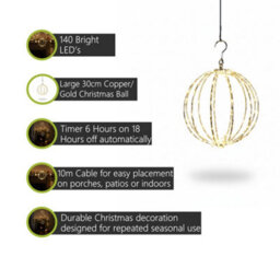 Pegdev - Pdl Outdoor Copper Gold 30Cm Sphere With 140 Led Lights Timer Function 10M Lead Indoor Outdoor Christmas Decoration - thumbnail 2