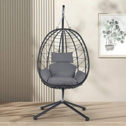 SquareBoxx Mora Hanging Rattan Egg Chair, A Grey 1 Seater Swing Chair & Cocoon With Deep Padded Back & Side Cushions - thumbnail 2