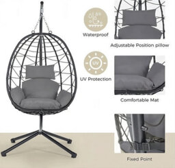 SquareBoxx Mora Hanging Rattan Egg Chair, A Grey 1 Seater Swing Chair & Cocoon With Deep Padded Back & Side Cushions - thumbnail 3
