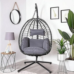 SquareBoxx Mora Hanging Rattan Egg Chair, A Grey 1 Seater Swing Chair & Cocoon With Deep Padded Back & Side Cushions - thumbnail 1