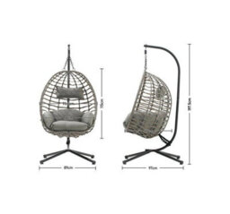 SquareBoxx Mora Hanging Rattan Egg Chair, A Grey 1 Seater Swing Chair & Cocoon With Deep Padded Back & Side Cushions - thumbnail 4