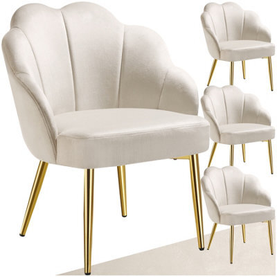 Tectake Set Of 4 Accent Chair Hellen - Velvet Cover, Padded, Extra-Wide Shell-Shaped Backrest  - Cream/gold