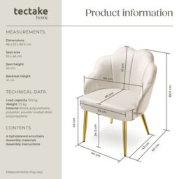 Tectake Set Of 4 Accent Chair Hellen - Velvet Cover, Padded, Extra-Wide Shell-Shaped Backrest  - Cream/gold - thumbnail 6