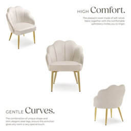 Tectake Set Of 4 Accent Chair Hellen - Velvet Cover, Padded, Extra-Wide Shell-Shaped Backrest  - Cream/gold - thumbnail 4