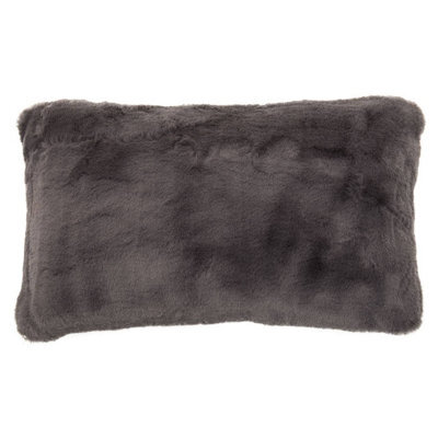 Orsina Grey Rectangular Faux Fur Cushion, Luxe Feather-Filled Throw Pillow With Faux-Suede Reverse, Grey Cushion - image 1