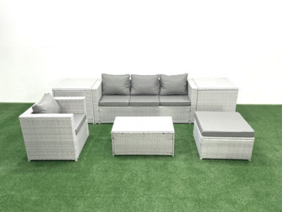 Fimous 6 Pieces Rattan Garden Furniture Set Outdoor Garden Sofa Chair Coffee Table Set Side Tables Big Stool Light Grey - image 1
