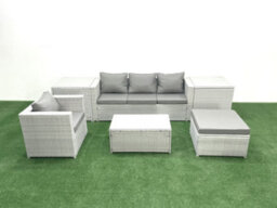 Fimous 6 Pieces Rattan Garden Furniture Set Outdoor Garden Sofa Chair Coffee Table Set Side Tables Big Stool Light Grey - thumbnail 1