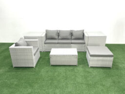 Fimous 6 Pieces Rattan Garden Furniture Set Outdoor Garden Sofa Chair Coffee Table Set Side Tables Big Stool Light Grey - thumbnail 2