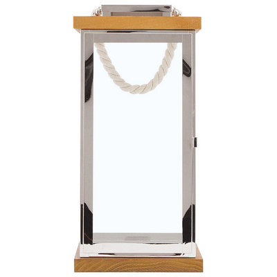 Beliani 41Cm Lantern Light Wood And Silver Metal Pillar Candle Holder With Rope Handle - Indoor - image 1
