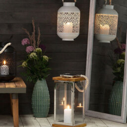 Beliani 41Cm Lantern Light Wood And Silver Metal Pillar Candle Holder With Rope Handle - Indoor - thumbnail 2