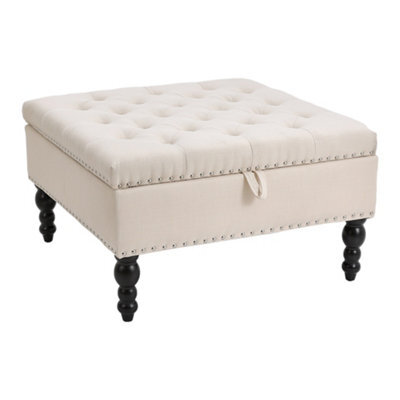 Darphe Beige Square Storage Ottoman 74Cm Linen Upholstered Button Tufted Footstool With Flip Top Lid And Wooden Legs - image 1