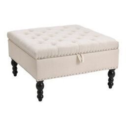 Darphe Beige Square Storage Ottoman 74Cm Linen Upholstered Button Tufted Footstool With Flip Top Lid And Wooden Legs - thumbnail 1