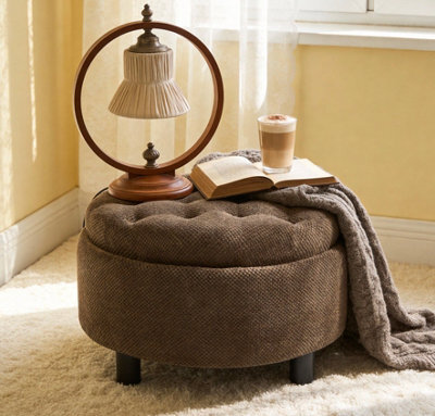 Matteo Round Storage Ottoman With Removable Wood Tray Top - Coffee - image 1