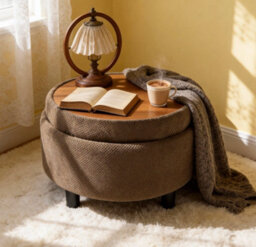 Matteo Round Storage Ottoman With Removable Wood Tray Top - Coffee - thumbnail 2