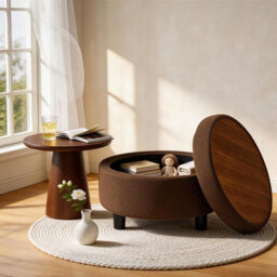 Matteo Round Storage Ottoman With Removable Wood Tray Top - Coffee - thumbnail 4