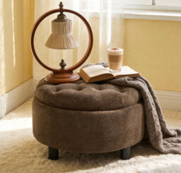 Matteo Round Storage Ottoman With Removable Wood Tray Top - Coffee - thumbnail 1
