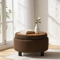 Matteo Round Storage Ottoman With Removable Wood Tray Top - Coffee - thumbnail 3