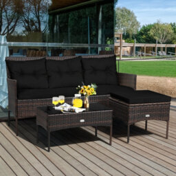 Costway 3 Pcs Patio Rattan Conversation Set Garden Corner Sofa Set W/ Coffee Table-Black