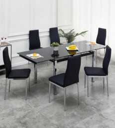 Furnizone UK Grande 6-8 Seater Extending Dining Table And 6 Monza Black Faux Leather Chairs